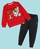 Kiddopanti Fleece Knit Full Sleeves Noodle Power Text  Printed Light Winter Sweatshirt With Track Pants Set - Red & Black
