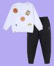 Kiddopanti Fleece Knit Full Sleeves Smiley Face & Sun Printed Light Winter Sweatshirt With Track Pants Set - White & Black