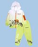 Kiddopanti Fleece Knit Full Sleeves Mountains Printed Light Winter Hooded Sweatshirt With Track Pants Set - White & Neon Green