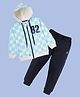 Kiddopanti Fleece Knit Full Sleeves Chessboard Checked Light Winter Hooded Sweatshirt With Track Pants Set - White Aqua & Navy Blue