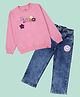 Kiddopanti Fleece Knit Full Sleeves Life Is Beautiful Text Printed & Floral Applique Detailed Light Winter Sweatshirt & Jeans Set - Baby Pink & Blue