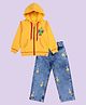 Kiddopanti Fleece Knit Full Sleeves Alien Printed  Light Winter Hooded Sweatshirt &  Jeans Set - Yellow & Light Blue