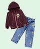 Kiddopanti Fleece Knit Full Sleeves Alien Printed  Light Winter Hooded Sweatshirt &  Jeans Set - Wine & Light Blue
