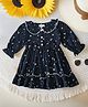 Bella Moda Cotton Woven Half Puffed Sleeves Stars & Moon Printed Peter Pan Collar Dress - Navy Blue
