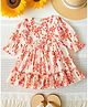 Bella Moda Cotton Woven Half Puffed Sleeves Floral Printed Peter Pan Collar Dress - Red