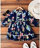 Bella Moda Cotton Woven Three Fourth Puffed Sleeves Floral Printed Lace Detailed Dress - Navy Blue