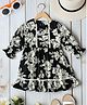 Bella Moda Cotton Woven Three Fourth Puffed Sleeves Floral Printed Lace Detailed Dress - Black