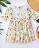 Bella Moda Cotton Woven Three Fourth Puffed Sleeves Fruits Printed Schiffli Embroidered Peter Pan Collar Dress - White