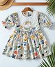 Bella Moda Cotton Woven Three Fourth Puffed Sleeves Abstract Printed Schiffli Embroidered  Peter Pan Collar Dress - Multi Colour