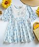 Bella Moda Cotton Woven Three Fourth Puffed Sleeves Floral Printed Schiffli Embroidered  Peter Pan Collar Dress - Blue