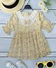 Bella Moda Cotton Woven Three Fourth Puffed Sleeves Floral Printed Schiffli Embroidered Peter Pan Collar Dress - Yellow