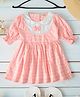 Bella Moda Cotton Woven Three Fourth Puffed Sleeves Floral Printed Swiss Dots Embroidered Peter Pan Collar Dress - Pink
