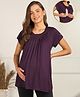 Zelena 95% Viscose 5% Lycra Woven Half Sleeves Solid Maternity Pleated Top With Side Open Nursing Access - Plum