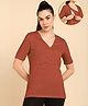 Zelena 95% Cotton 5% Elastane Woven Half Sleeves Solid Maternity  Top With Side Open Nursing Acces - Rust
