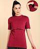 Zelena 95% Cotton 5% Elastane Woven Half Sleeves Solid Maternity Top With Overlap Nursing Access - Deep Red