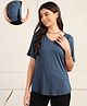 Zelena 95% Viscose 5% Lycra Knit Half Sleeves Solid Maternity Top With Side Zipper Nursing Access - Denim Blue