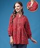 Zelena 100% Cotton Knit Three Fourth Puffed Sleeves Floral Printed Maternity Top With Front Button Nursing Access - Red