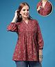 Zelena Cotton Knit Three Fourth Sleeves Floral Printed Maternity Top With Front Open Nursing Access - Burgundy