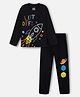 Nap Chief Pure Cotton Knit Full Sleeves Space Theme Printed Night Suit Set - Black