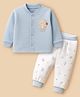 I Bears Fleece Knit Full Sleeves Front Open T-Shirt & Lounge Pant Set with Teddy Patch & Print - Light Blue