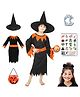 Sarvda Lycra Halloween Theme  Three Fourth Sleeves Witch Dress Costume Set With Pumpkin Basket Fangs & Tattoos - Orange & Black