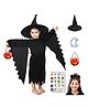 Sarvda Lycra Halloween Theme Three Fourth Sleeves Crow Dress Costume Set With Pumpkin Basket Fangs & Tattoos - Black