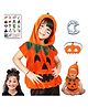 Sarvda Velvet Halloween Theme Half Sleeves Hooded Costume With Pumpkin Mask Scary Teeth & Tattoos Set - Orange