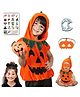 Sarvda Velvet Halloween Theme Half Sleeves Hooded Costume With Pumpkin Basket Scary Teeth Mask & Tattoos Set - Orange
