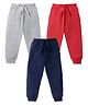 KAVEE Pure Cotton Knit Pack Of 3 Solid Bio Washed Lounge Pants - Red Grey & Navy Blue