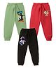 KAVEE Pure Cotton Knit Pack Of 3 Astronaut & Animals Printed Bio Washed Lounge Pants - Olive Green Red & Black