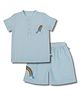 Pranava Organic Cotton Woven Half Sleeves Gingham Checked & Rainbow Embroidered Tee & Shorts Set - Aqua