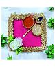 Smaran Square Handcrafted Pooja Thali with Kumkum & Chawal Holders, Decorative Floral Plate for Raksha Bandhan, Karva Chauth, Wedding, Diwali, Navratri & Traditional Festive Rituals  10.16 cm