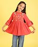 ISHTI Woven Three Fourth Sleeves Floral Embroidered & Beads Embellished Top - Tomato