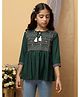 ISHTI Rayon Woven Three Fourth Sleeves Abstract  Embroidered Top - Bottle Green