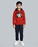 Plum Tree 100% Cotton Knit Full Sleeves Game On Text Sequins Embellished Light Winter Hooded Sweatshirt & Cargo Joggers Set - Red