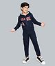 Plum Tree 100% Cotton Knit Full Sleeves College Champ Text Printed Light Winter Hooded Sweatjacket & Cargo Joggers Set - Navy Blue
