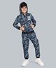 Plum Tree 100% Cotton Knit Full Sleeves Abstract Printed Light Winter Hooded Sweatjacket & Coordinating Cargo Joggers Set - Blue Camo