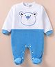 Wonderchild Full Sleeves Teddy Bear Face Embroidered Footed Sleepsuit - White & Blue