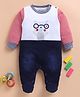 Wonderchild Full Sleeves Bear Applique Detailed Footed Sleepsuit - White & Navy Blue