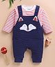 Wonderchild Fox Face Embroidered Dungree With Full Sleeves Striped Tee Set - White & Navy Blue