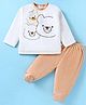 Wonderchild Full Sleeves Teddy Bear Face Embroidered Tee With Footed Pants Set - White & Beige