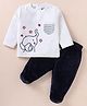 Wonderchild Full Sleeves Cute Elephant Face Embroidered Tee With Footed Pants Set - White & Navy Blue