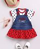 Wonderchild Little Lady Text Embroidered & Washed Pinafore Dress With Half Puffed Sleeves Polka Dots Printed Top Set - White Denim & Red