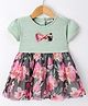 Wonderchild Half Sleeves Bow Applique Detailed & Floral Printed Knee Length Dress - Olive Green