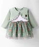 Wonderchild Full Sleeves Bow Applique Detailed & Cute Baby Animals Printed Knee Length Dress - Olive Green