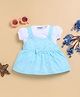 Wonderchild Bow Applique Detailed & Floral Embroidered Knee Length Dress With Half Puffed Sleeves Top Set - White & Firozi
