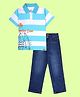 Kiddopanti Cotton Knit Half Sleeves Striped Polo Tee & Jeans Set - White Sly & Dark Blue