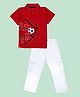 Kiddopanti Cotton Knit Half Sleeves Football Printed Polo Tee & Cargo Jeans Set - Red & White