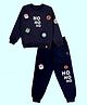 Kiddopanti Fleece Knit Christmas Theme Full Sleeves Reindeer Badges Detailed Light Winter Sweatshirt & Joggers Set - Navy Blue