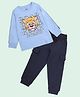 Kiddopanti Cotton Knit Full Sleeves Tiger Face Printed Tee & Cargo Joggers Set - Light & Navy Blue